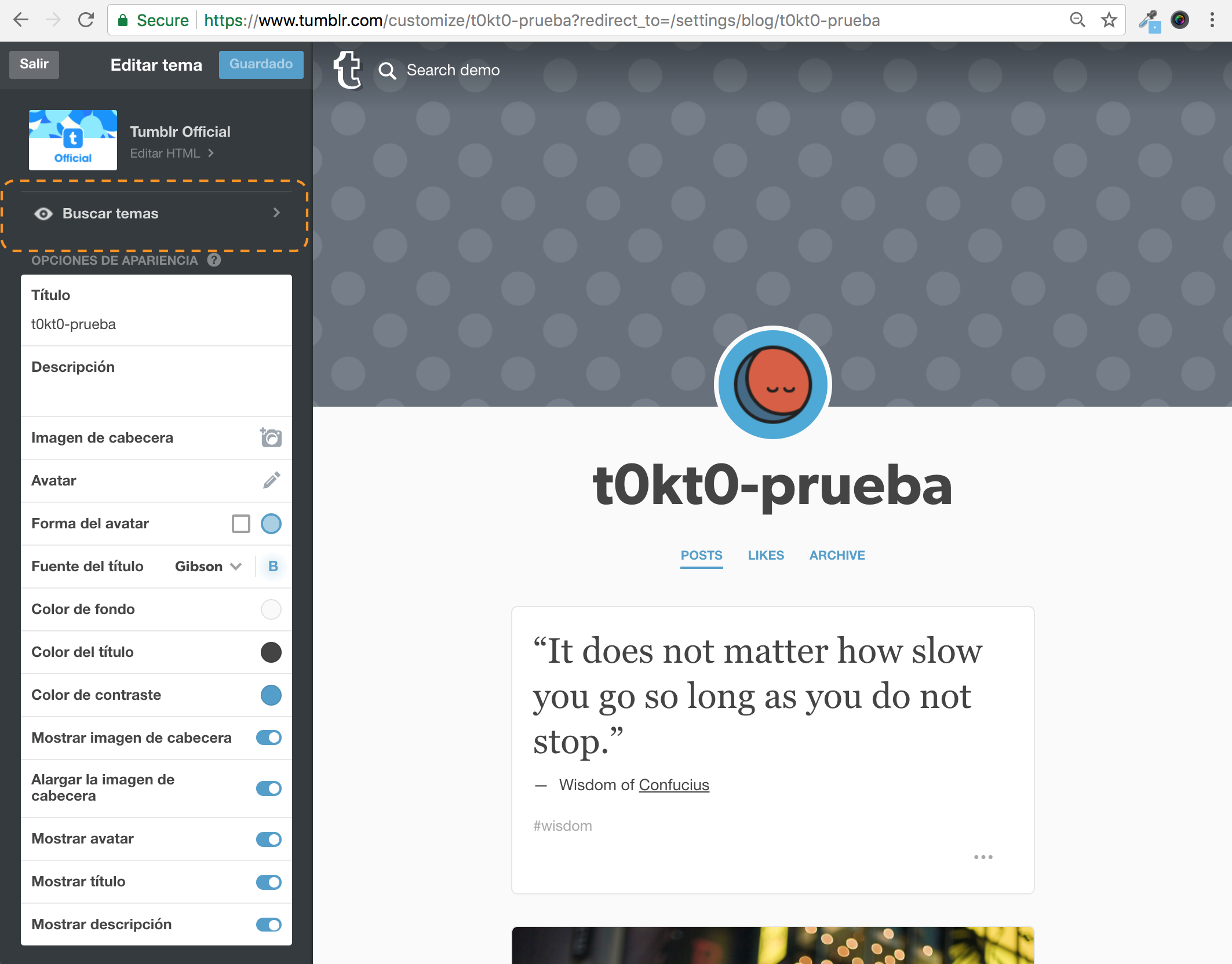 Screenshot of Tumblr configuration