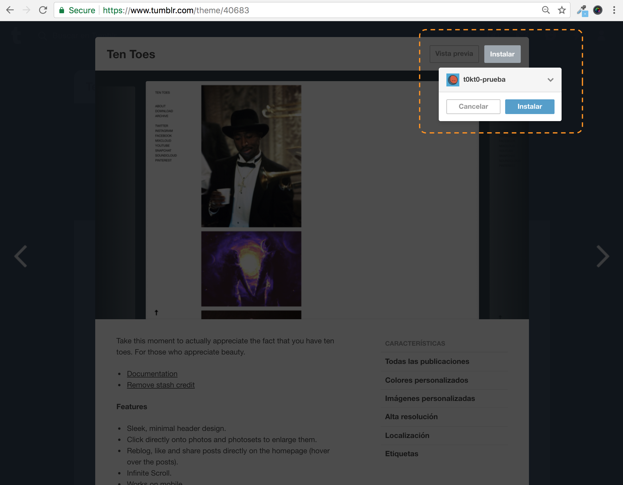 Screenshot of Tumblr configuration